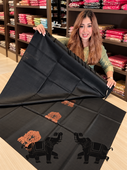 Adorning Black Soft Banarasi Silk Saree with Elegant Copper Border
