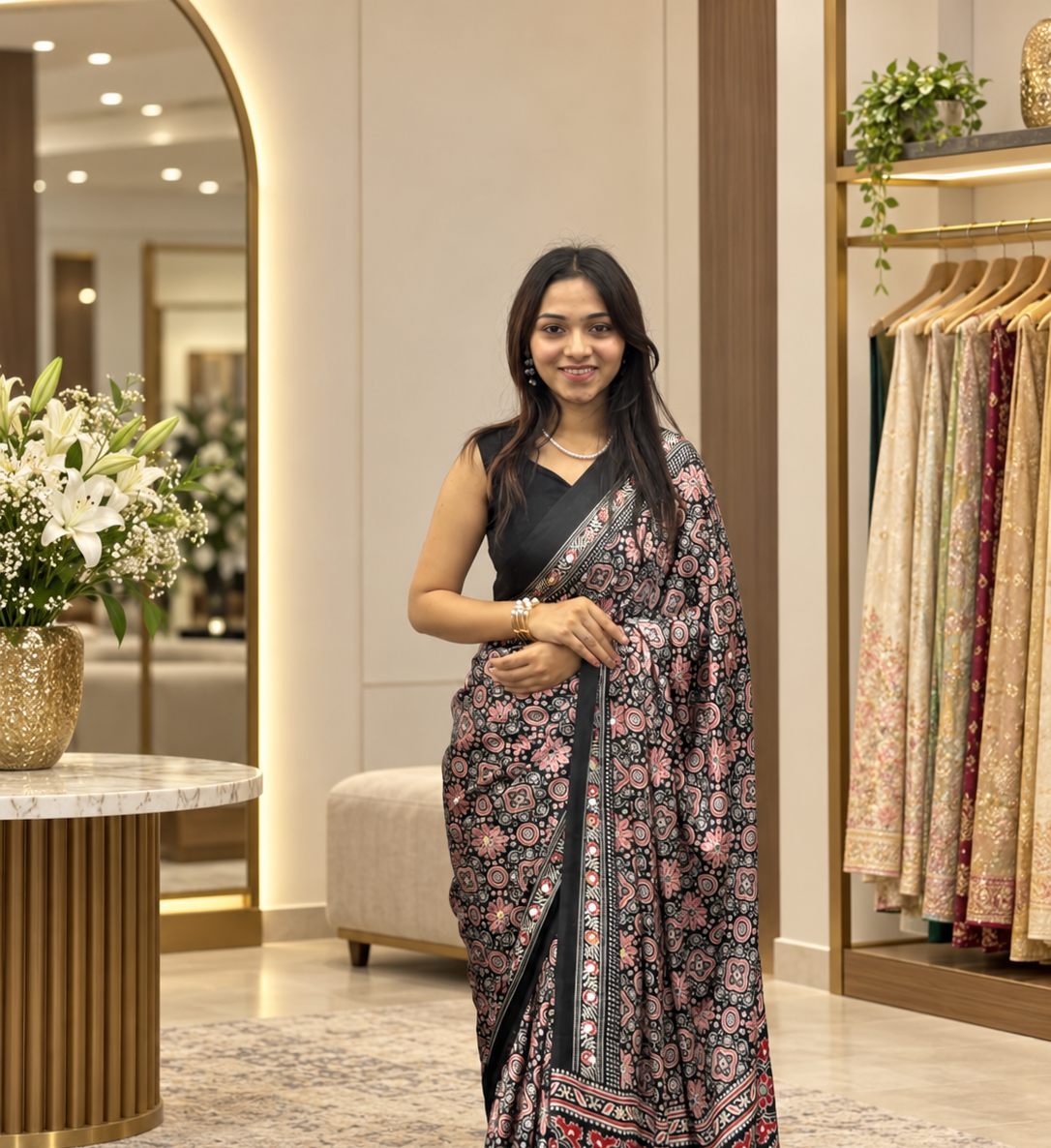 Premium Black Ajrakh Printed Japan Silk Saree with Elegant Pallu