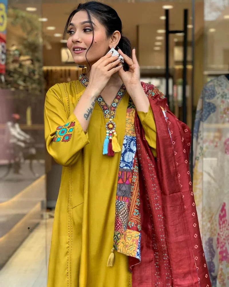 TREMENDOUS YELLOW BEAUTIFUL VISCOSE CHANDERI SUIT SET