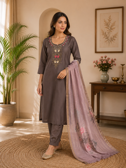 Brown Premium Mul Chanderi Hand Work Suit Set With Floral Dupatta