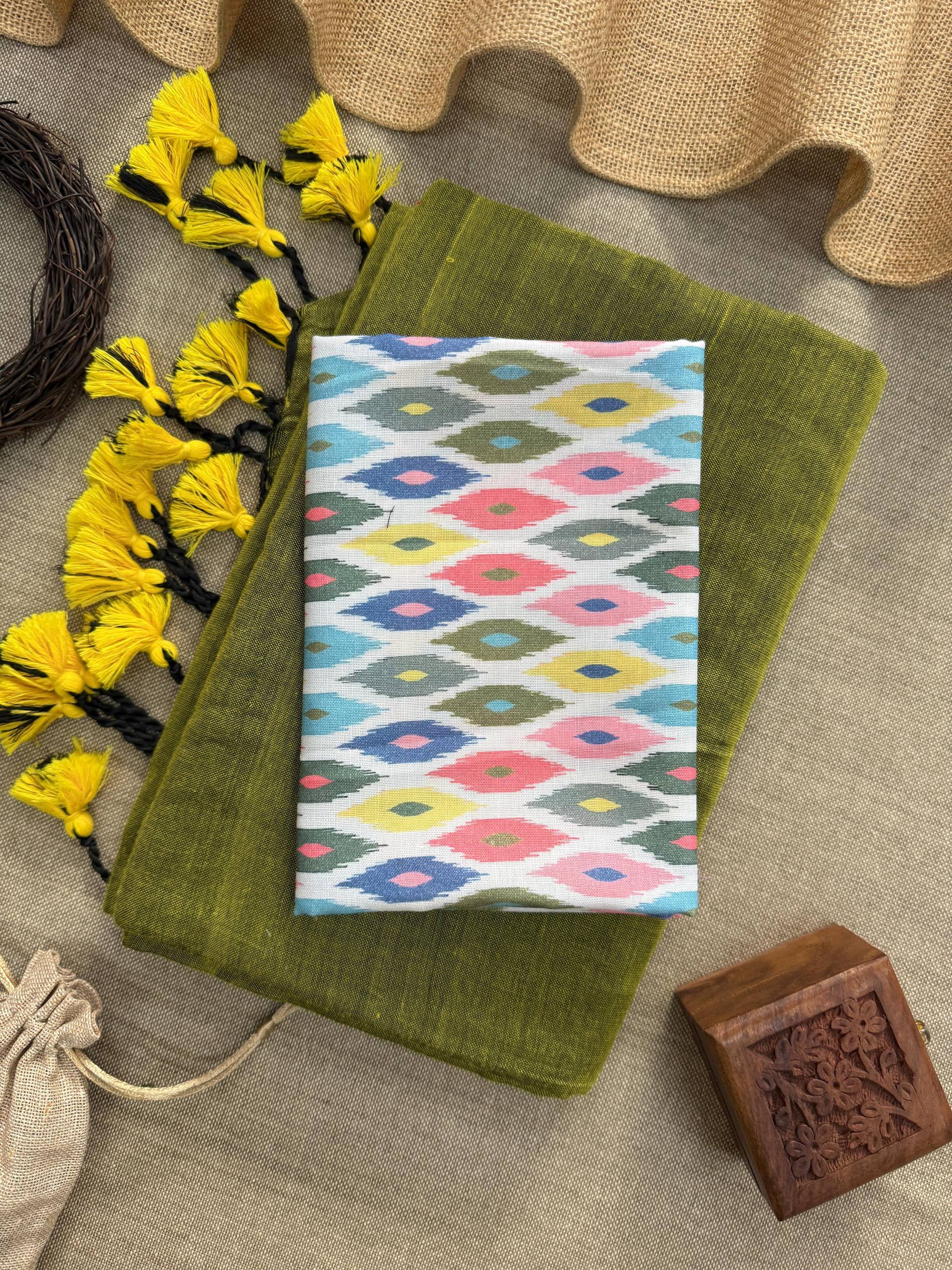 AWSOME - MAHENDI HANDLOOM COTTON SAREE WITH PRINTED BLOUSE