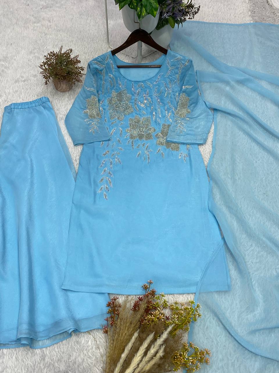 Attractive Blue Crunchy Silk Sequence Embroidery Anarkali Suit Set