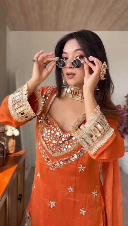 Rust Orange Fendy Silk Mirror Work Festive Suit Set