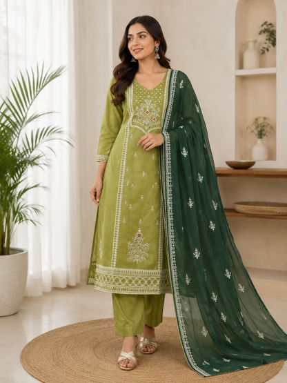 Elegant Green Hand Block Printed Pure Cotton Suit Set