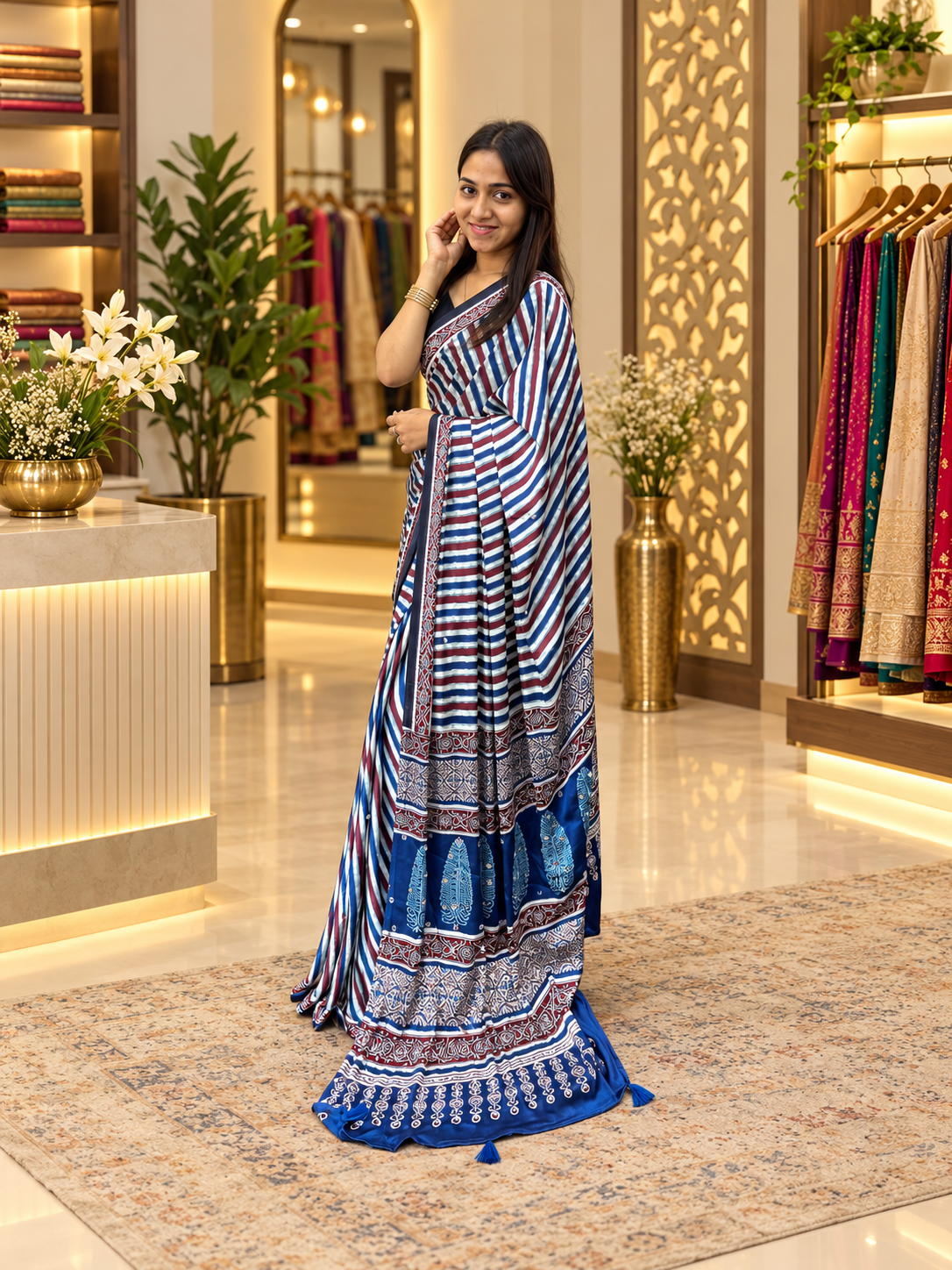 Premium Multi Silk Ajrakh Print Saree with Elegant Pallu