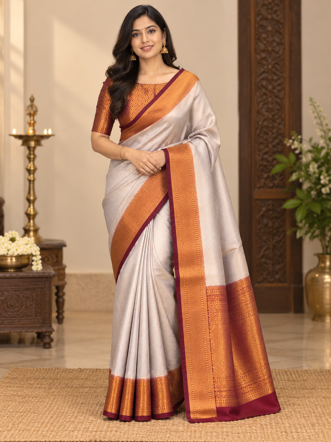 Elegant Cream & Maroon Soft Banarasi Silk Festive Saree