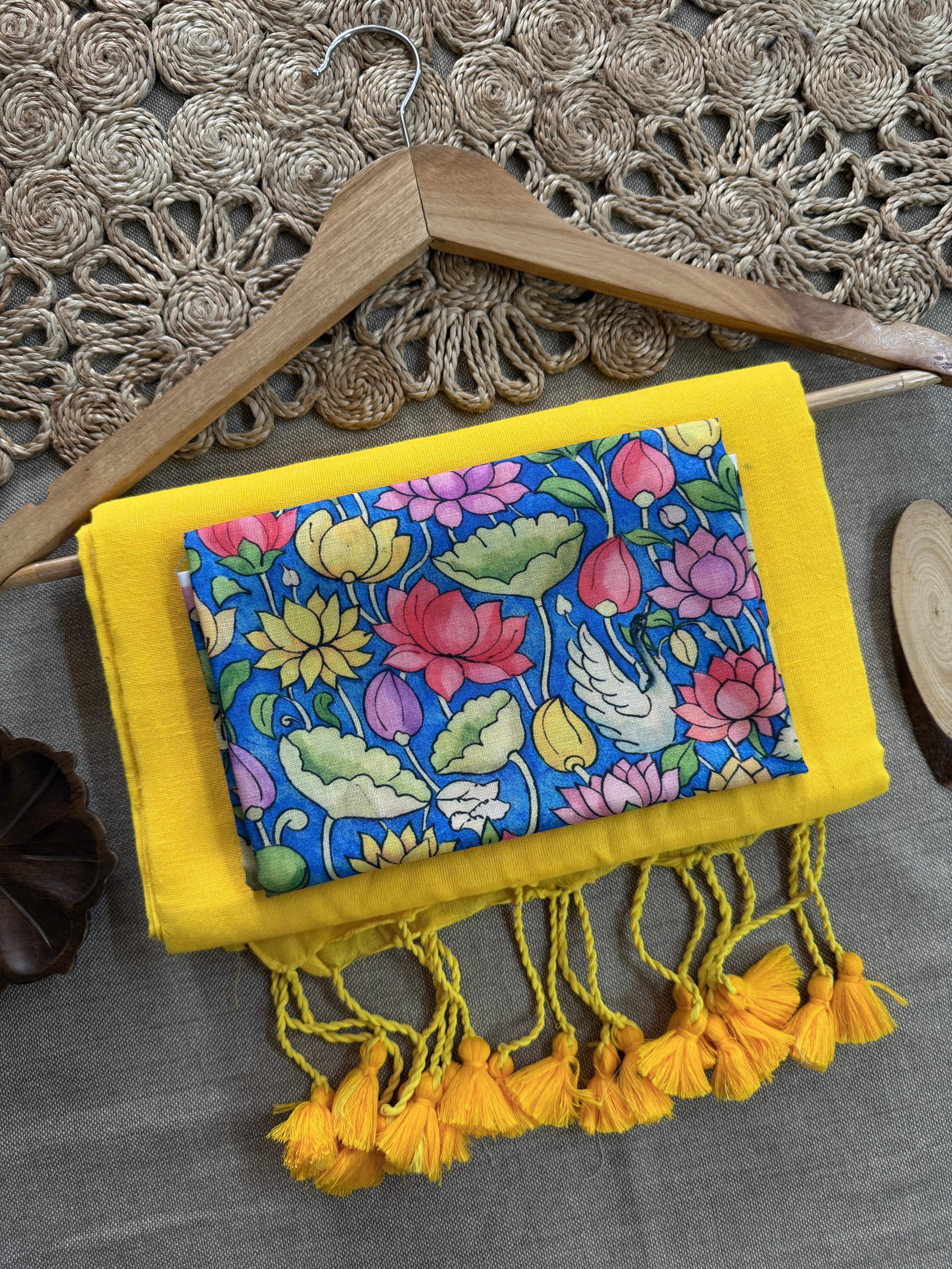 Dharma Exclusive - Yellow Handloom Cotton Saree With Traditional Printed Blouse