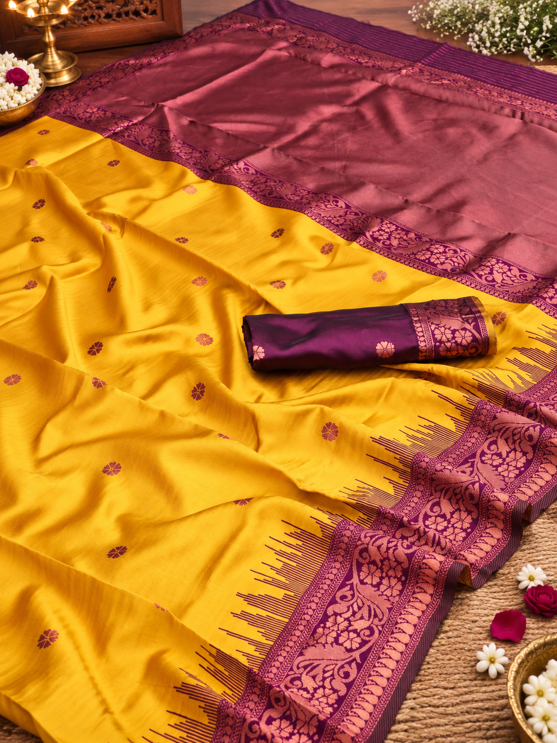 Mustard Yellow Woven Soft Banarasi Silk Saree with Purple Zari Border