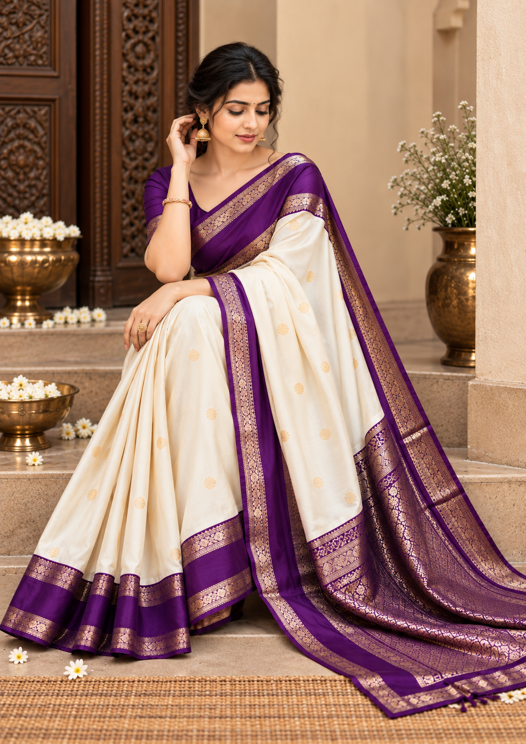 Traditional Cream Kanjivaram Festive Soft Silk Saree