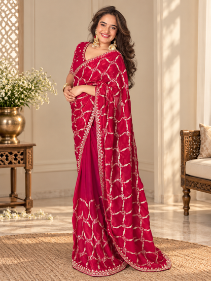 Very Attractive Magenta Thread Work Fendy Silk Saree