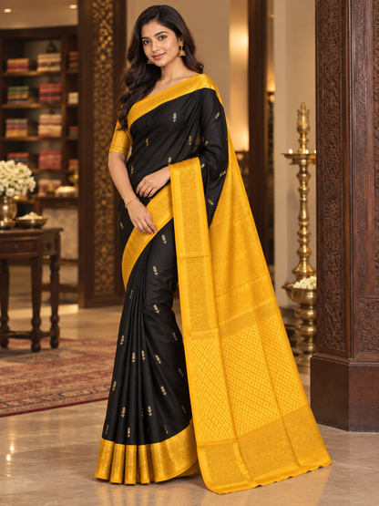 Elegant Black and Golden-Yellow Kanjivaram Style Silk Festive Saree