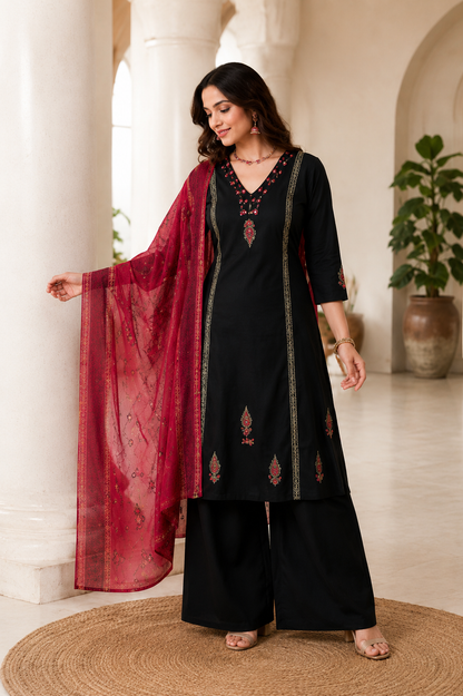 Classic Black Cotton Ethnic Suit Set With Block Print With Real Mirror Hand Work