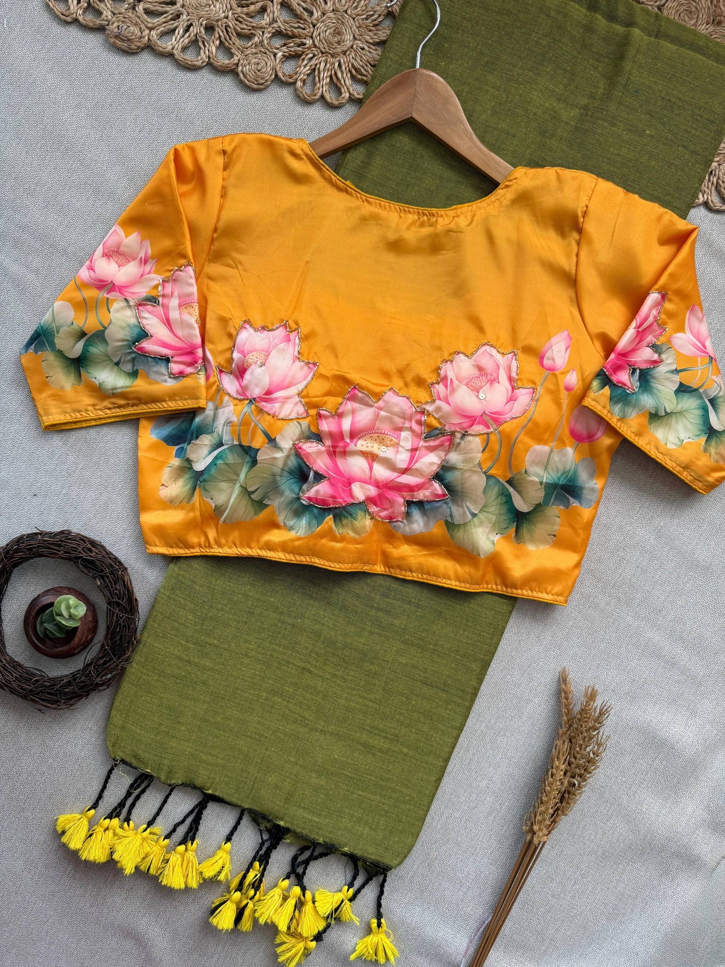 Magic - Mahendi Handloom Cotton Saree With Havy Handwork Stitched Blouse