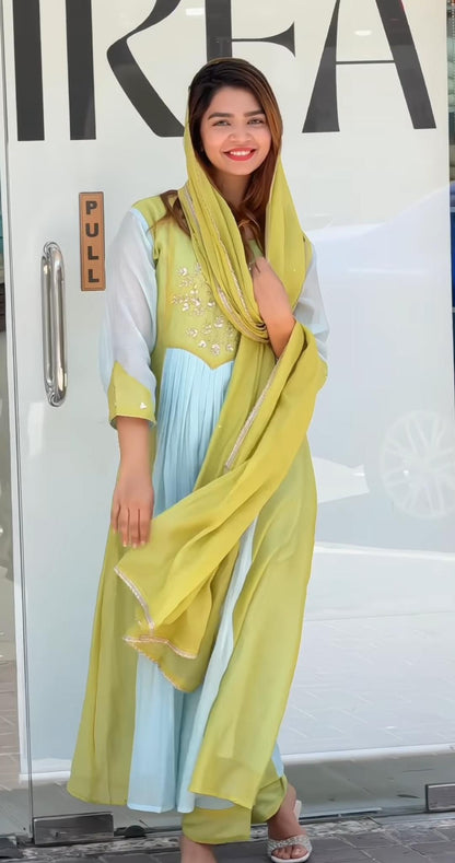 Designer Premium Lime Green & Pastel Blue Pure Mul Chanderi Embroidered Suit Set