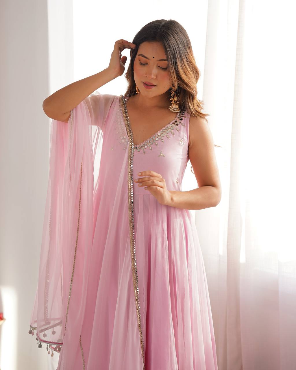 Blush Pink Faux Georgette Embroidered Anarkali Suit Set with Mirror Work Neckline