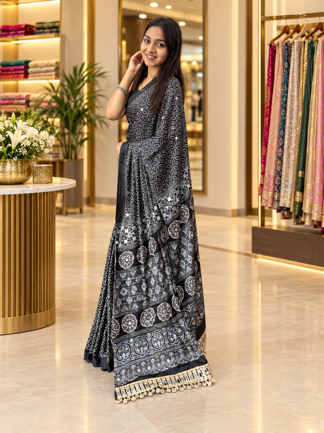 Elegant Black Gajji Silk Saree with Traditional Mirror Work Border