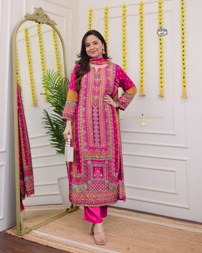 Stylish Pink Printed Muslin Suit Set with Chevron Embroidered Yoke