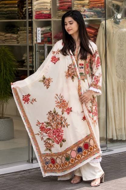 Very Attractive Floral Printed Muslin Suit Set with Sequin Embroidery Work