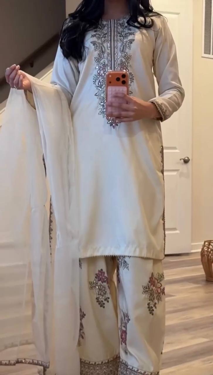 Elegant French Crepe Embroidered Suit Set with Dupatta