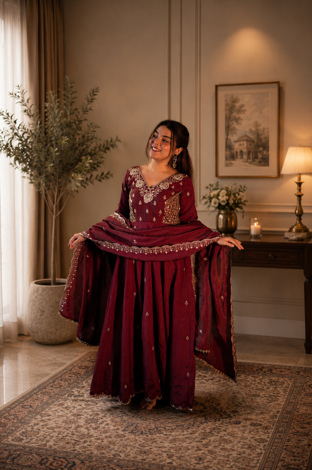New Designer Vichitra Silk Embroidered Anarkali Suit Set