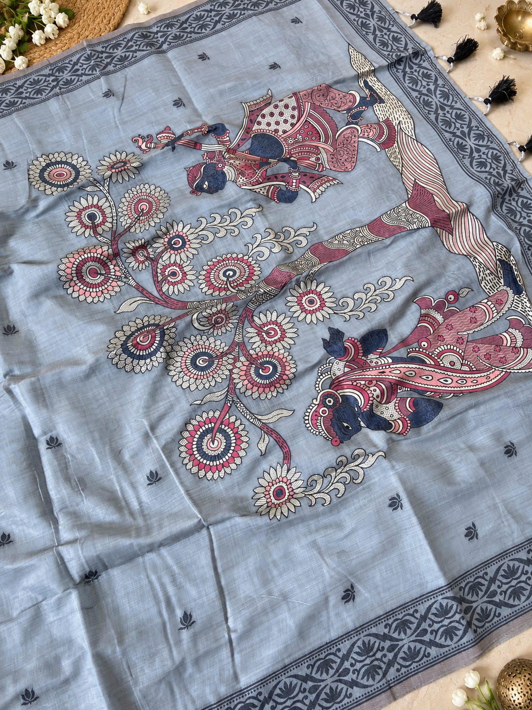 Aaradhya - Soft Muga Cotton Saree with Traditional Kalamkari Woven Design