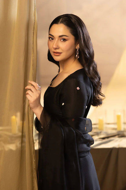 Elegant Black Crape Silk Embroidered Sharara Suit Set with Organza Dupatta
