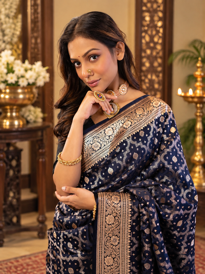 Festive Navy Blue Woven Soft Banarasi Silk Saree with Zari Border