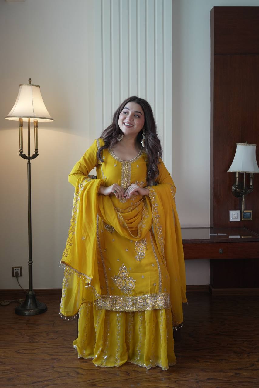 Designer Mustard Yellow Embroidered Fox Georgette Suit Set
