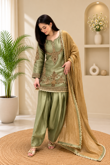 Premium Designer Sage Green Glass Satin Punjabi Salwar Suit Set