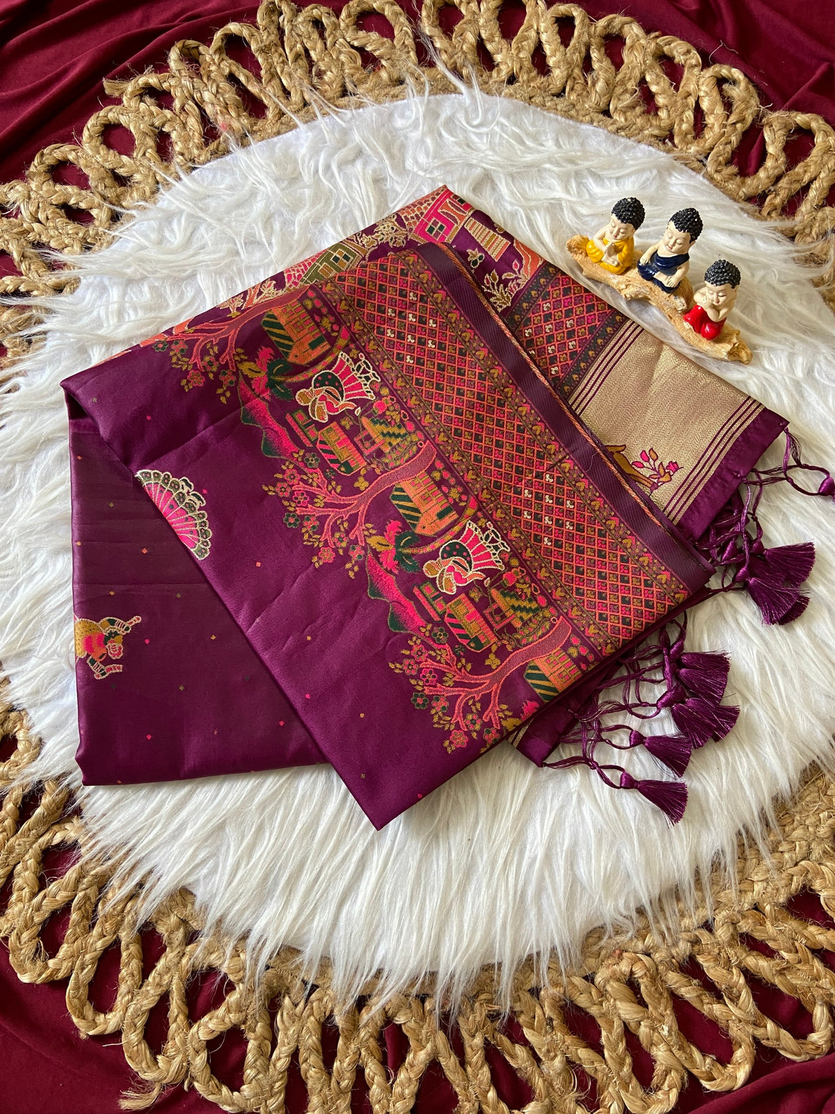 Vrindavan Wine – Premium Woven Zari Soft Pashmina Silk Saree