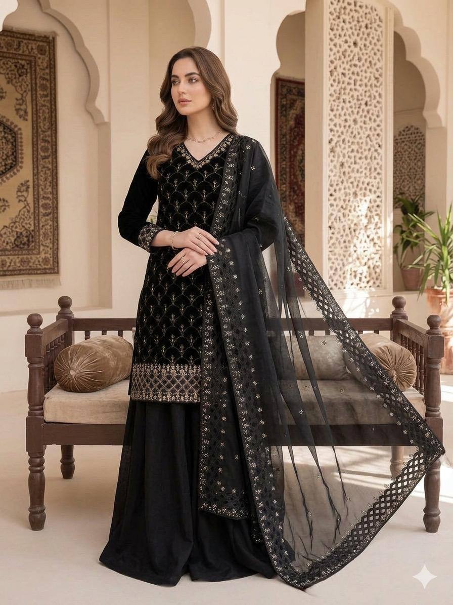 Elegant Black Embroidered Fendy Fabric Sharara Set with Sheer Dupatta
