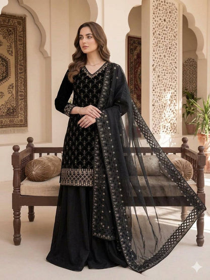 Elegant Black Embroidered Fendy Fabric Sharara Set with Sheer Dupatta