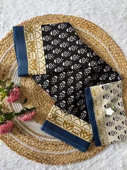 Black Pure Mul Cotton Saree with Bagru Handblock Prints
