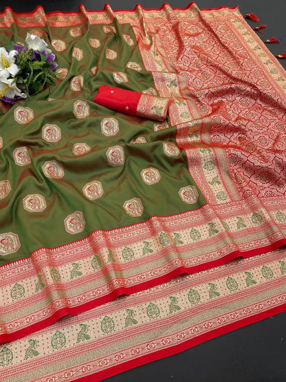 Classic Olive Green Silk Saree with Red Zari Border for Women