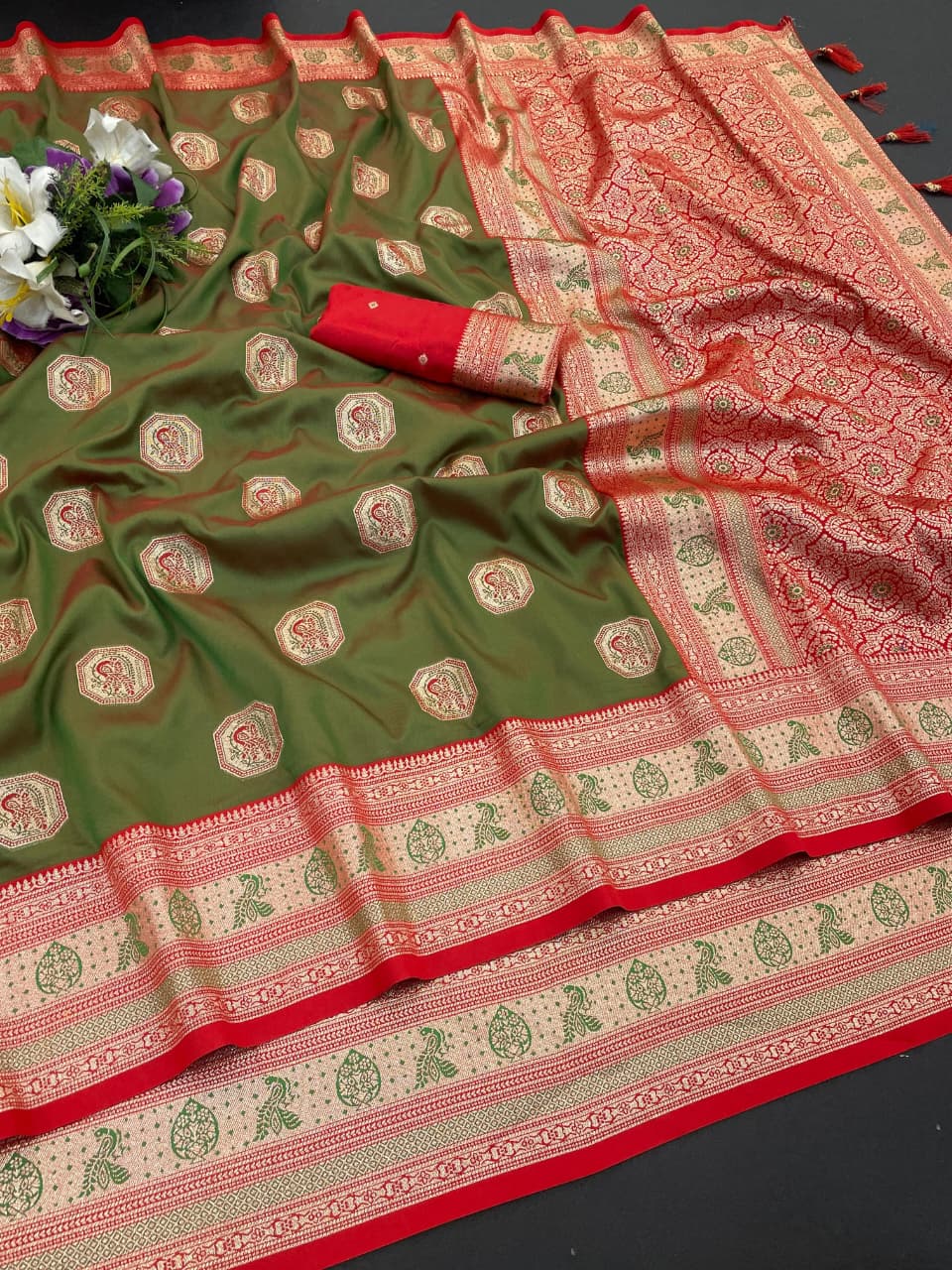 Classic Olive Green Silk Saree with Red Zari Border for Women