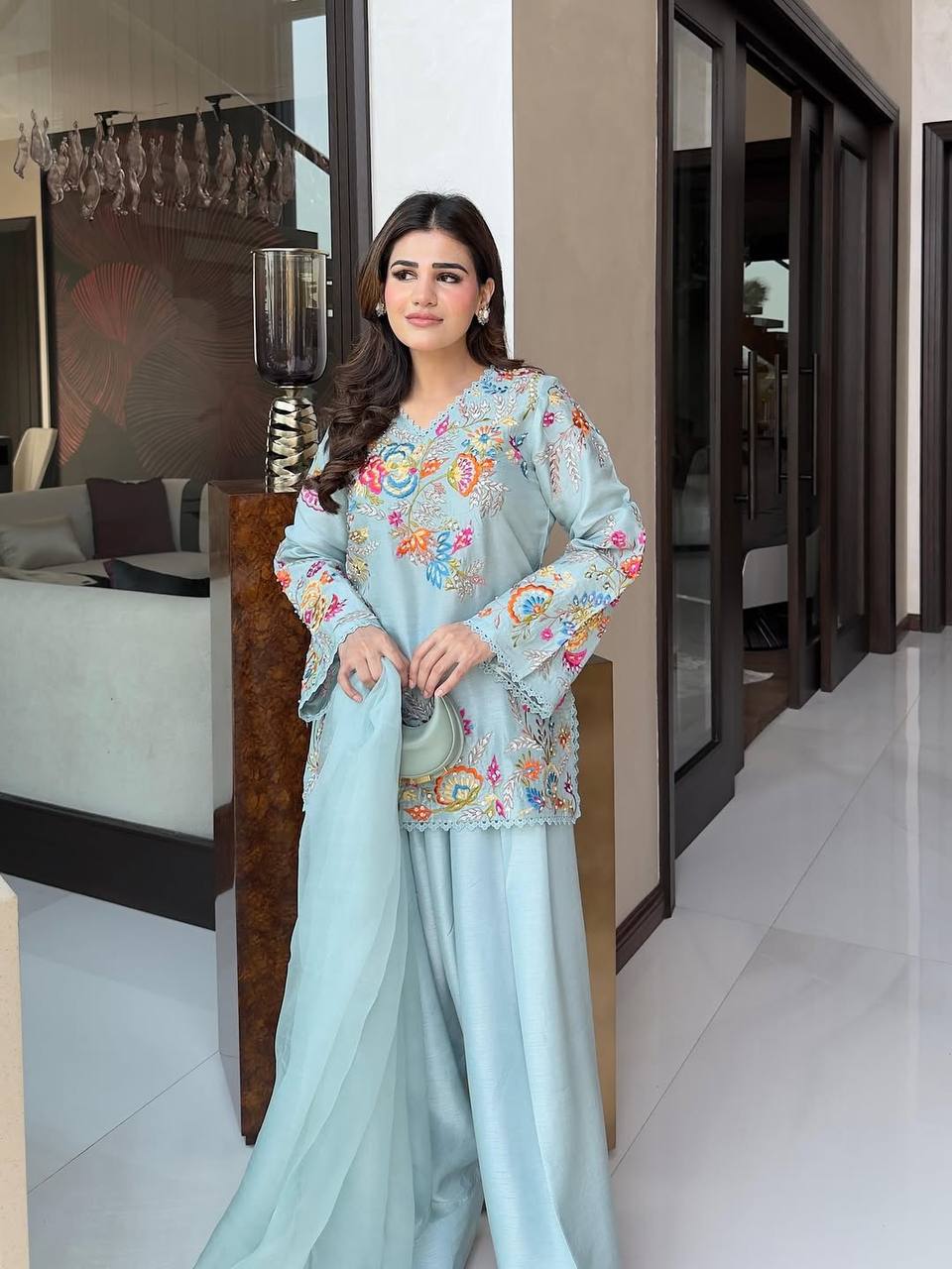 Elegant Modern Ice Blue Embroidered Crape Silk Suit Set with Organza Dupatta