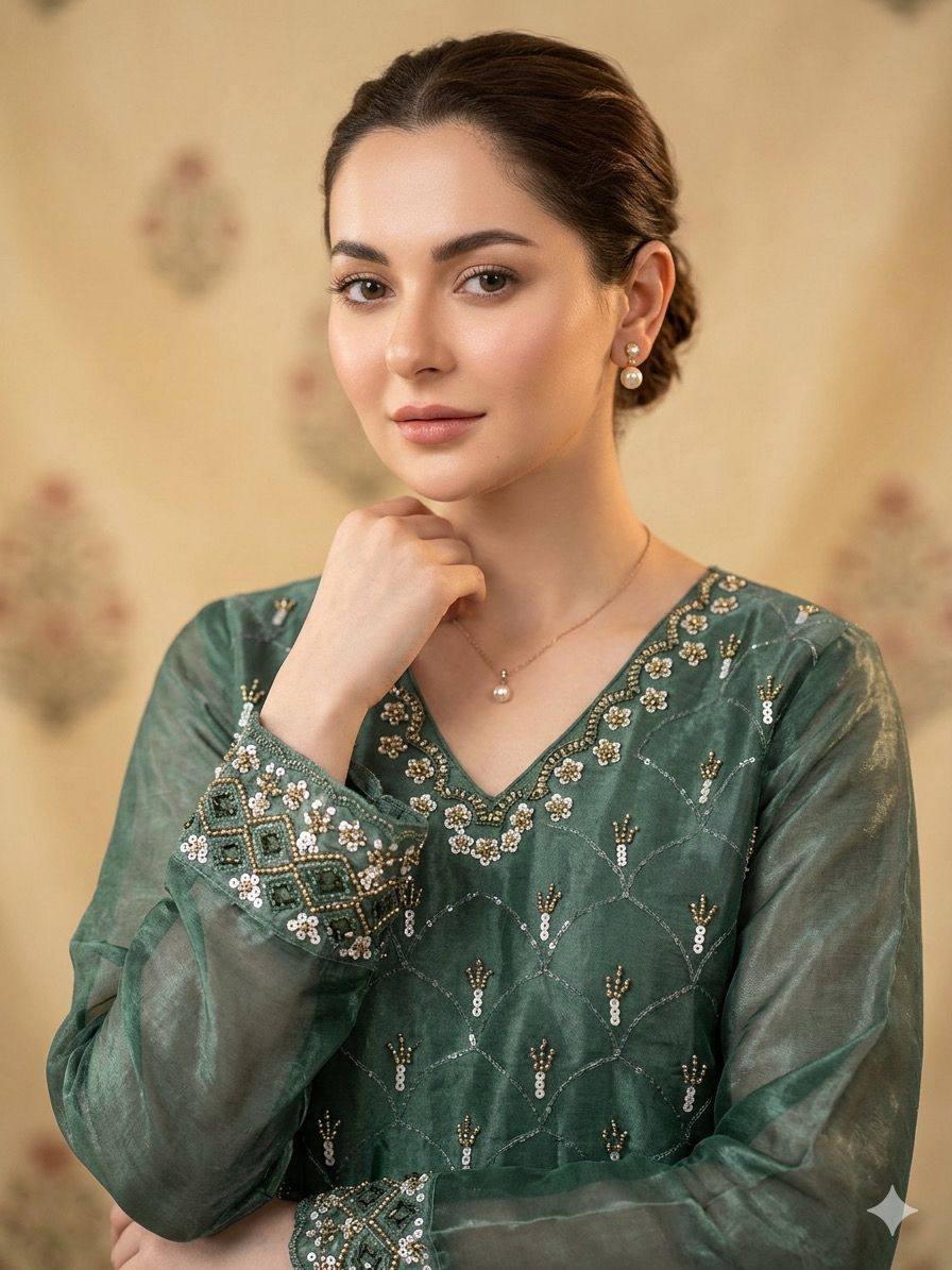 Pastel Green Fendy Silk Sharara Suit Set with Sequence Embroidery Work