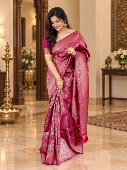 Elegant Magenta Purple Woven Soft Banarasi Silk Saree with Antique Blouse Piece