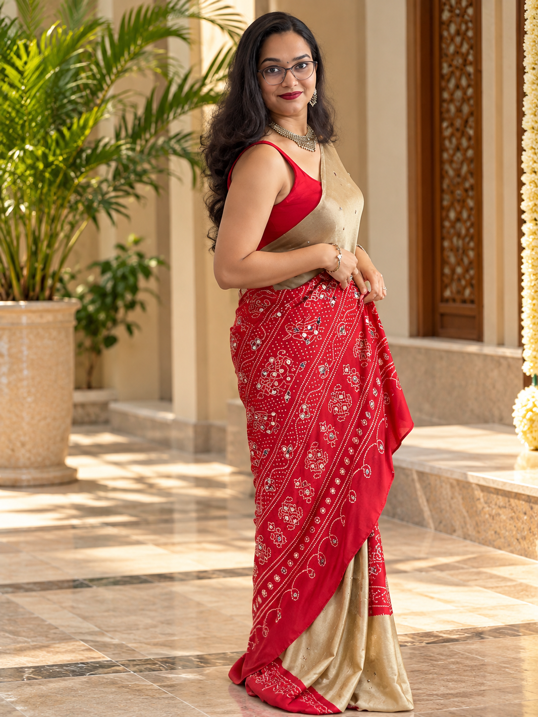 Traditional Beige & Red Pure Gajji Silk Saree with Real Mirror Work