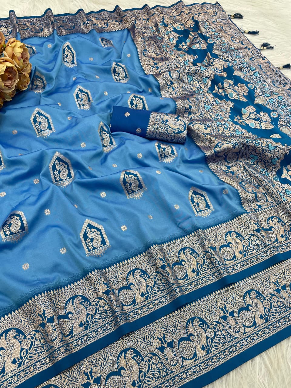 Elegant Sky Blue Silk Saree with Royal Blue Zari Border