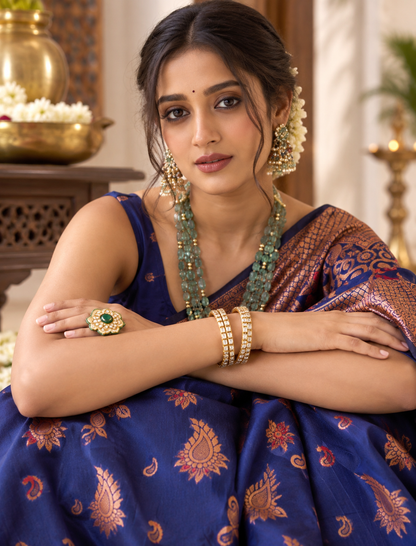 Royal Blue Meenakari Soft Banarasi Silk Saree with Copper Zari Border