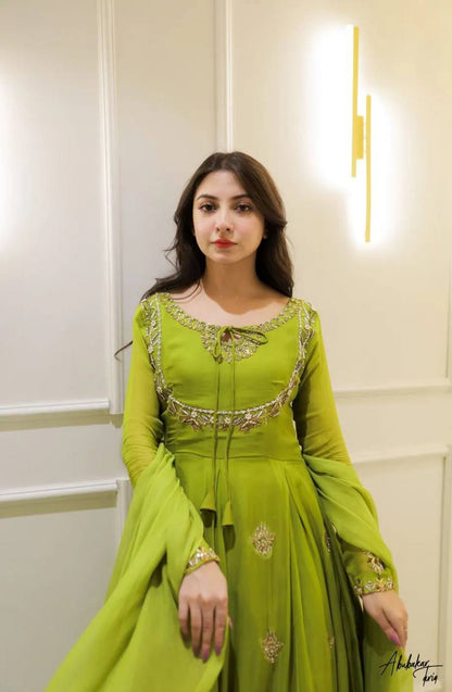 Attractive Parrot Green Georgette Embroidery Anarkali Gown with Dupatta
