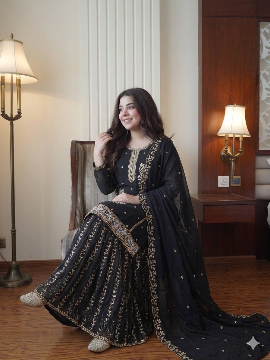 Premium Black Fox Georgette Sharara Suit with Sequins Embroidery Work