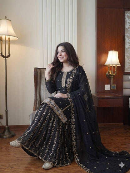 Premium Black Fox Georgette Sharara Suit with Sequins Embroidery Work