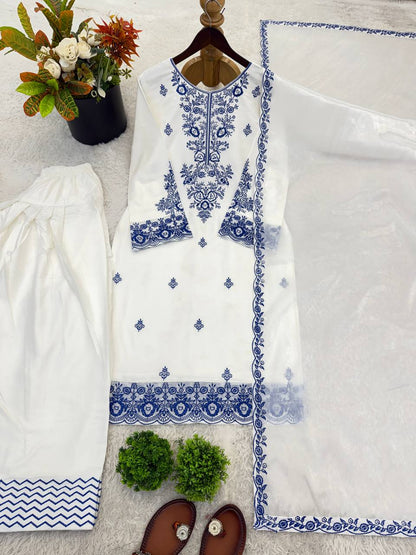 Elegant White Blue Rayon Cotton Embroidery Suit Set