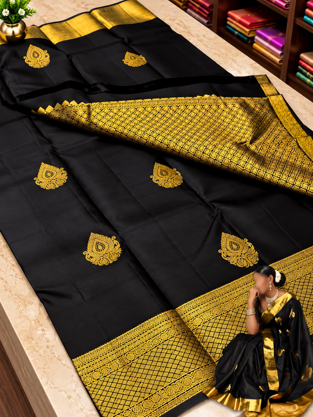 Very Beautiful Black Soft Banarasi Silk Saree with Vibrant Blouse Piece