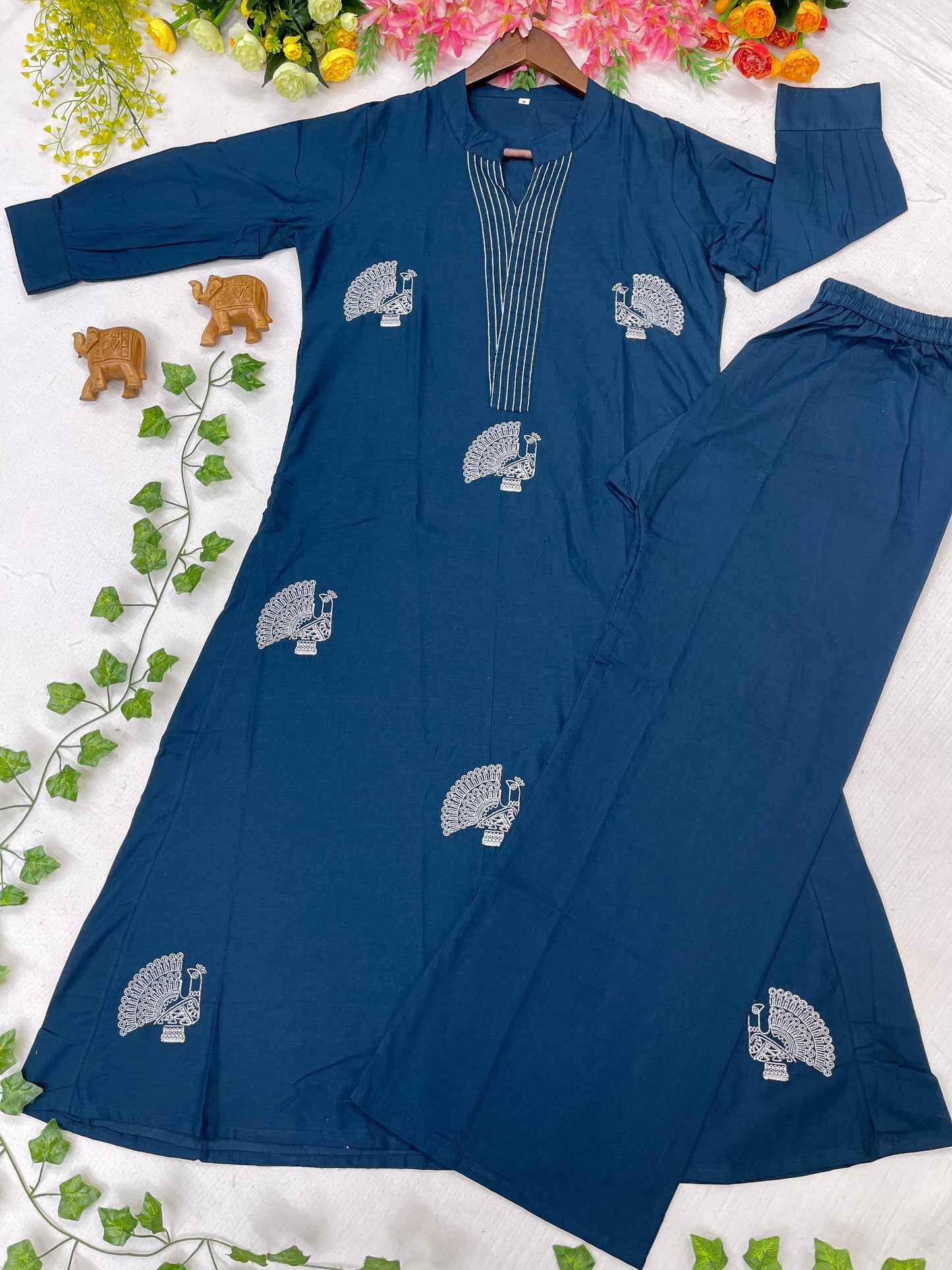 Elegant Indigo Blue Voile Cotton A-Line Kurta Set with Peacock Thread Embroidery