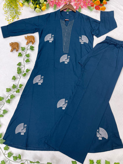 Elegant Indigo Blue Voile Cotton A-Line Kurta Set with Peacock Thread Embroidery
