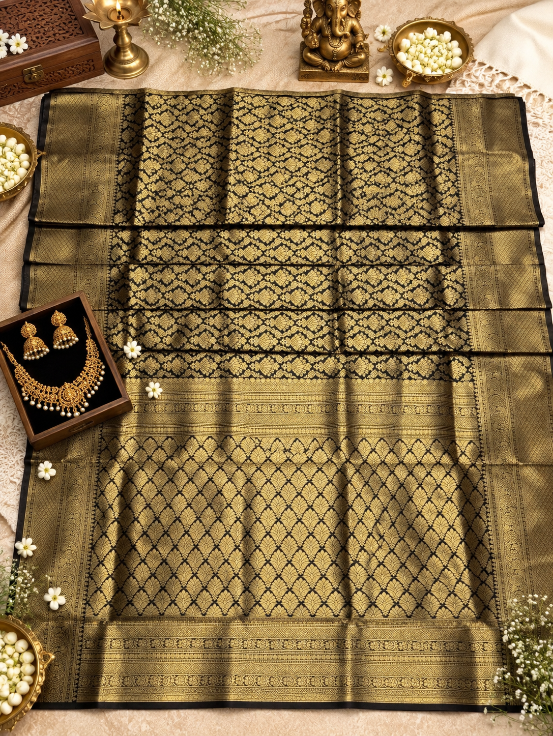 Very Attractive Black & Gold Woven Jacquard Soft Banarasi Silk Saree