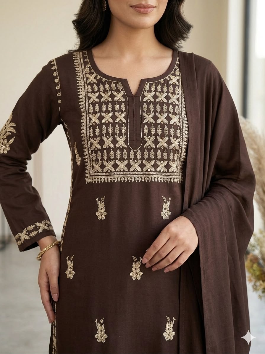 Very Attractive Brown Premium Rayon Embroidery Suit Set Set